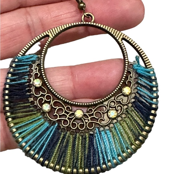 Boho Style Blue and Green Threaded Drop Hoop Earrings - Picture 4 of 5